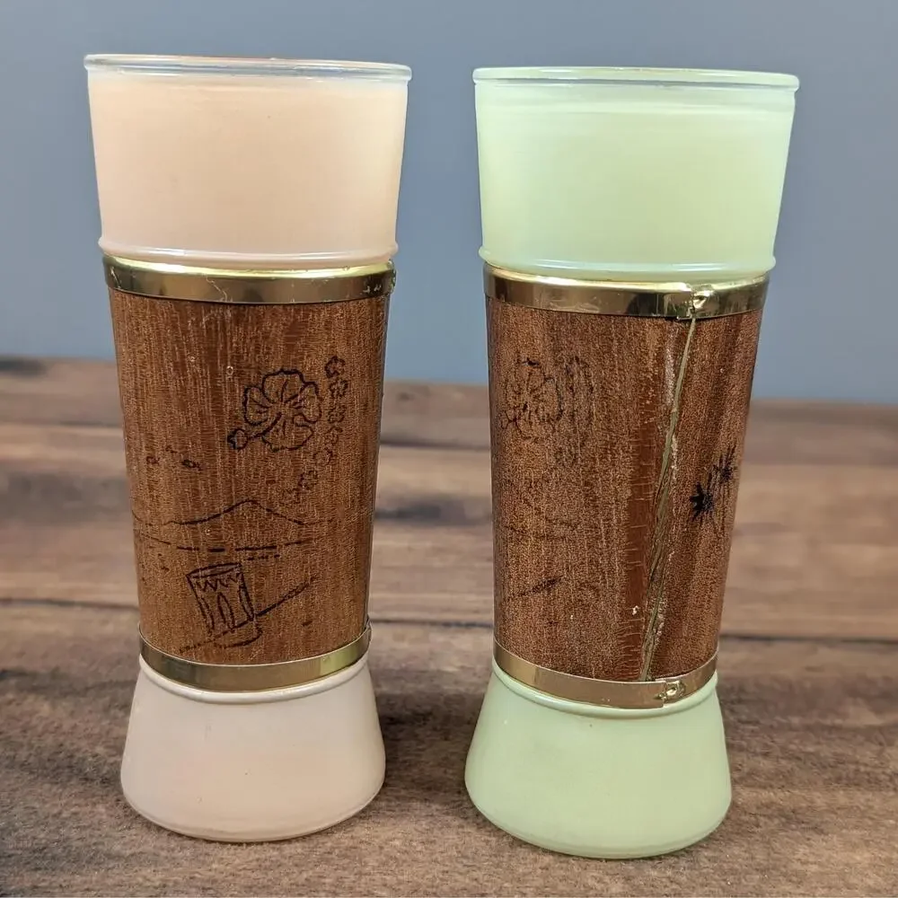 MCM Siesta Ware Drinking Glasses Set Of Four Frosted Glass Wood Accent Gold Trim